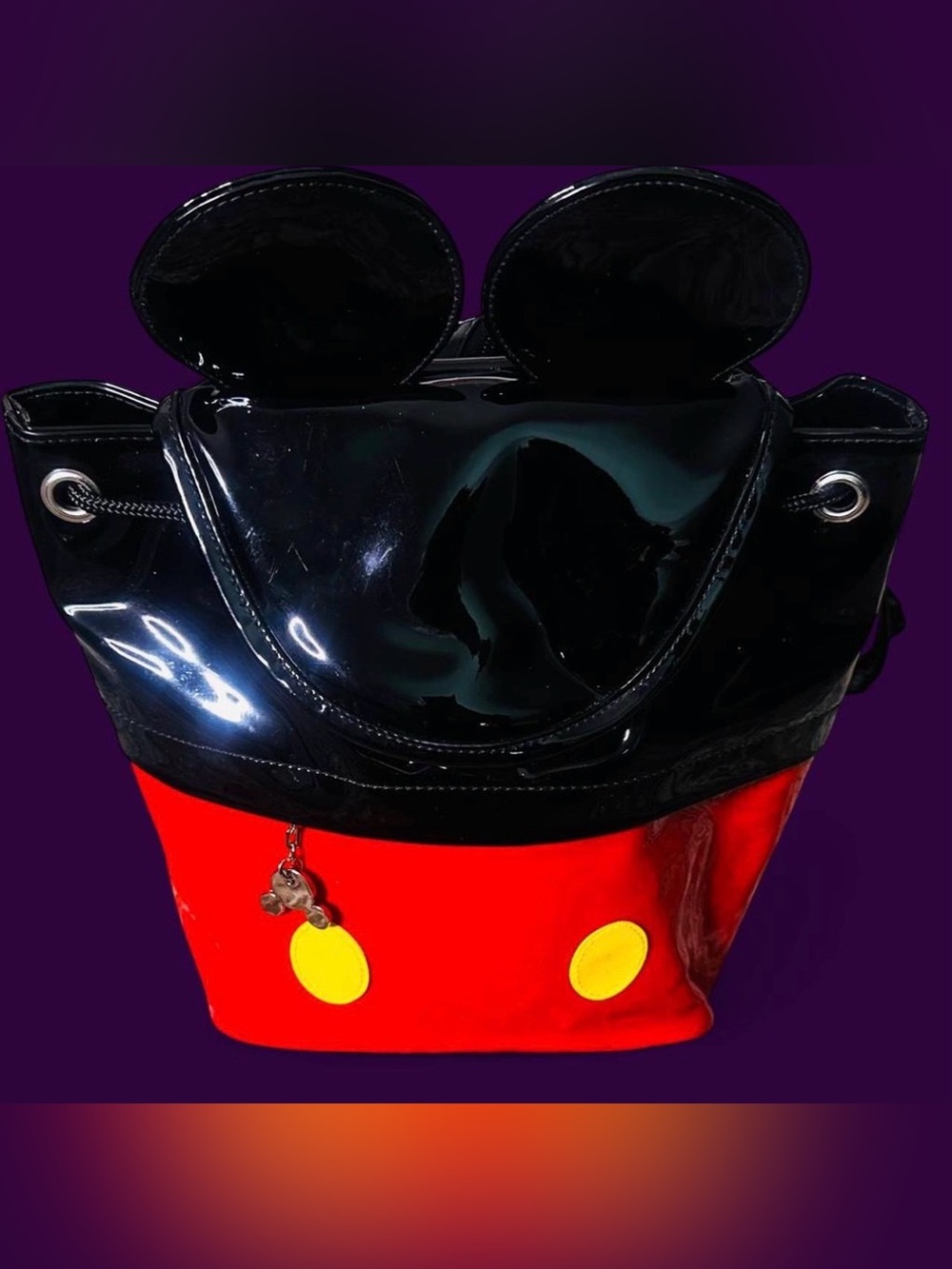 Vintage Disney Black and Red Mickey Ear Drawstring Backpack with Yellow Accents